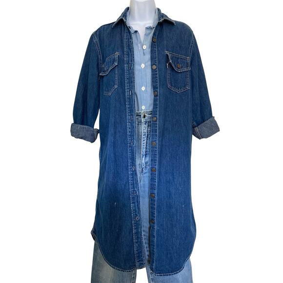 Vintage Levi’s 70s 80s Boho Cottage Western Utility Long Denim Shirt / Dress S - Picture 1 of 10